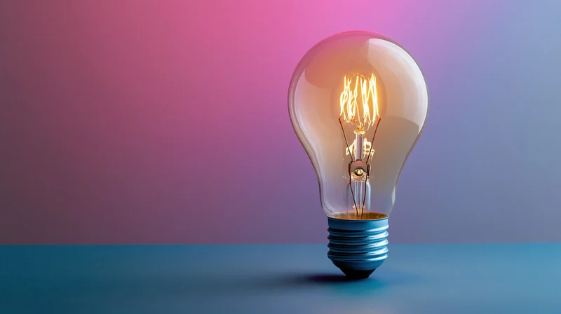 Glowing incandescent lightbulb on a blue surface against a pink to purple gradient background