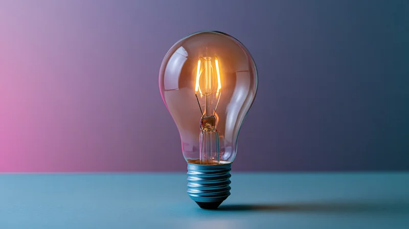 Glowing incandescent lightbulb on a blue surface against a pink and purple gradient background