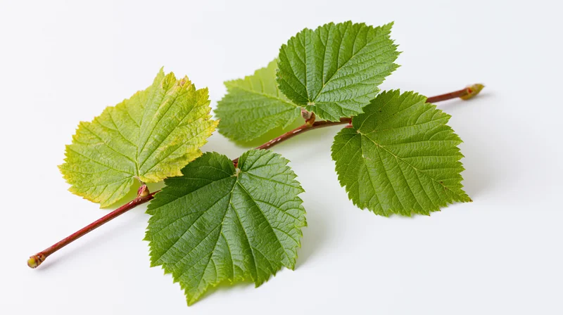 Green serrated leaves on a branch against white background