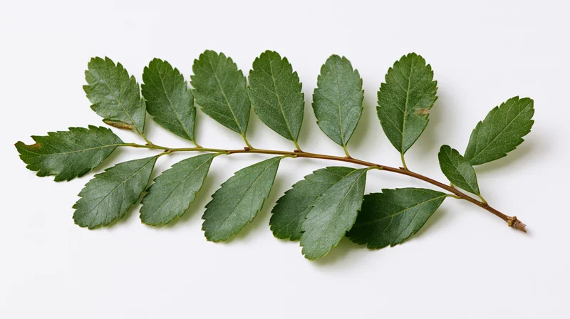 A leafy tree branch with oval serrated green leaves on a white background