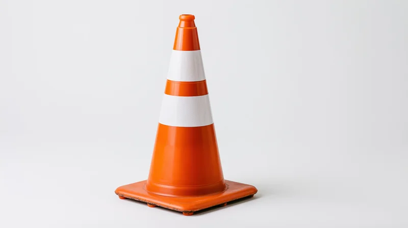 Orange traffic cone with white reflective stripes standing upright on white background