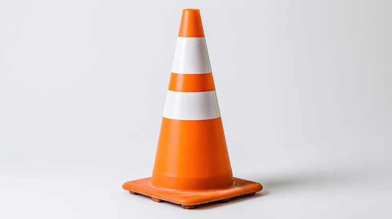 Orange traffic cone with white reflective stripes standing upright on white background