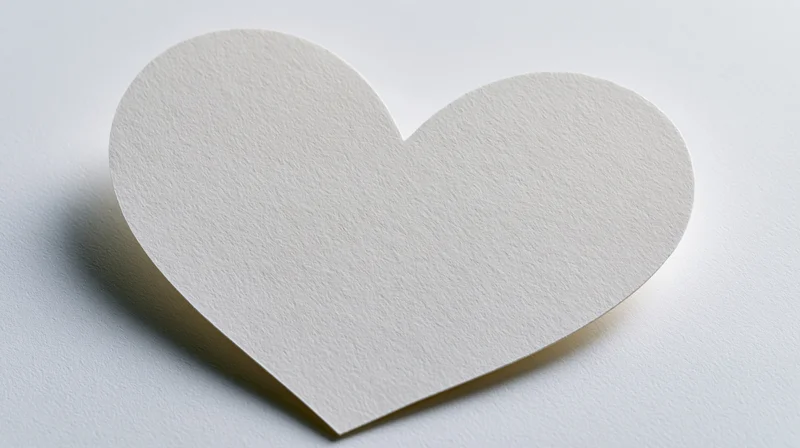 A pale white heart cutout made of matte cardstock lying flat on a white surface