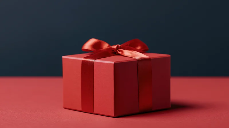 Red gift box with satin ribbon bow on red surface against dark background