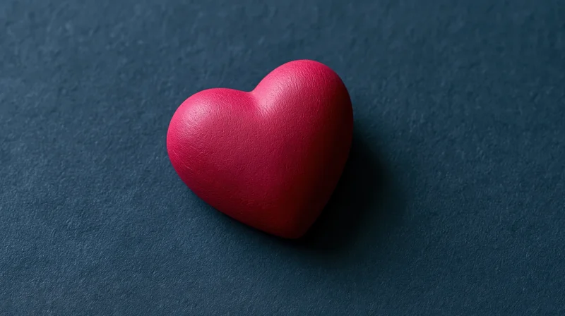 Red matte heart-shaped object resting flat centered on dark textured surface