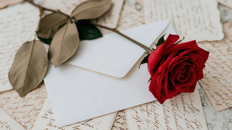Red rose resting on white envelope atop handwritten letters
