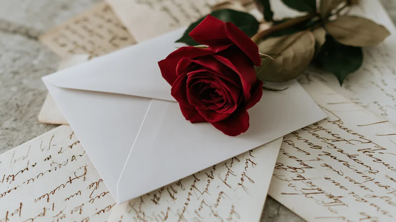 Red rose resting on white envelope atop handwritten letters