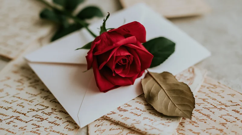 Red rose resting on a white envelope atop handwritten vintage letters