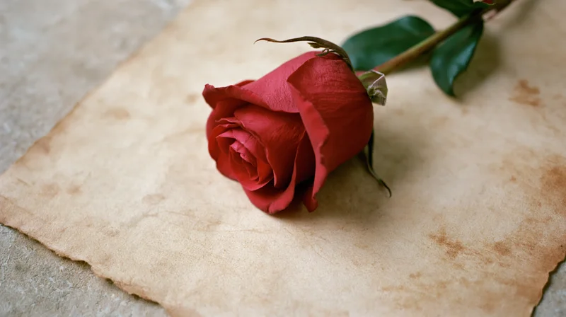 Red rose with stem and leaves resting on aged parchment paper