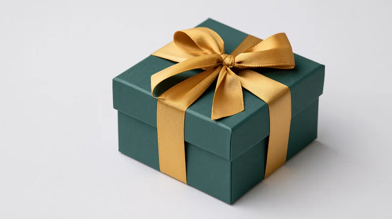 Teal gift box with gold satin ribbon tied in bow on white background