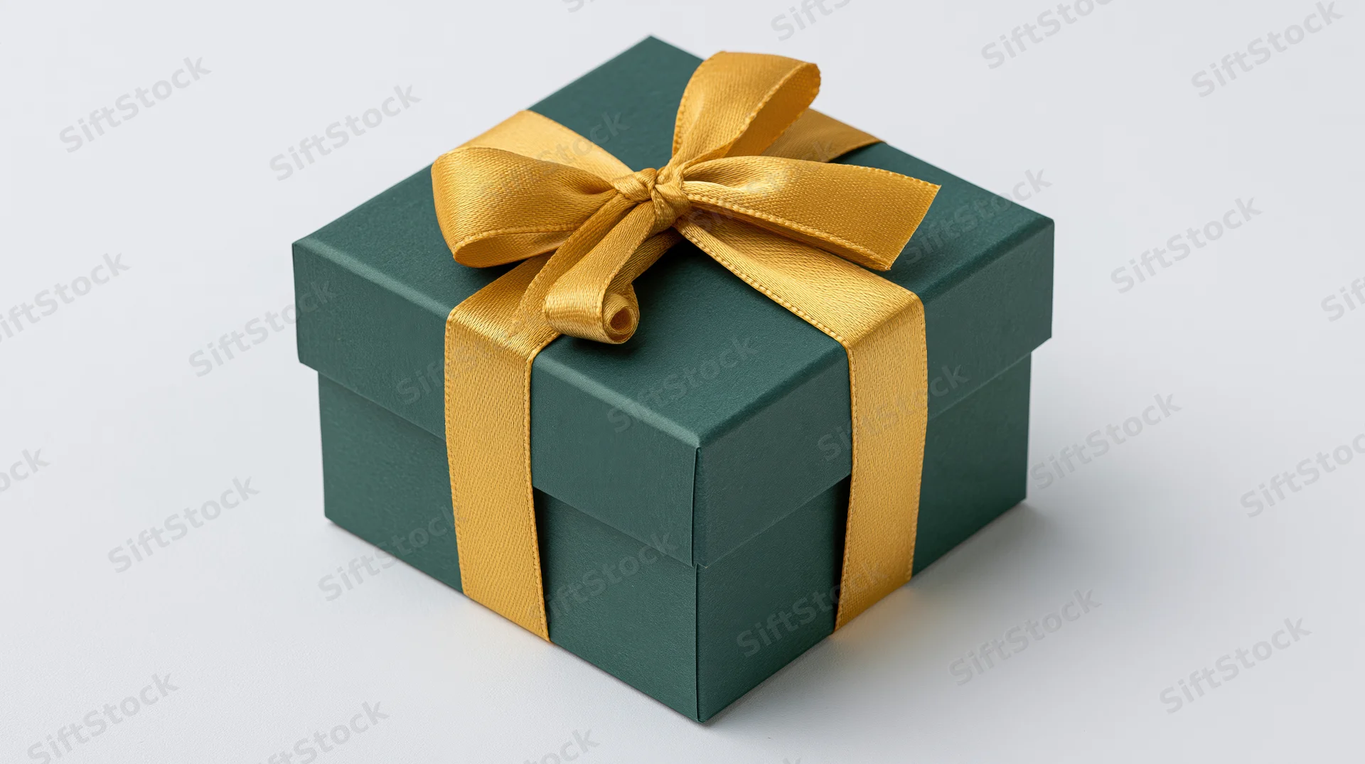 Green gift box with gold satin ribbon bow on white background