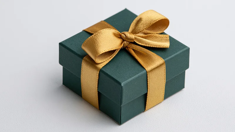 Square gift box wrapped in green paper with gold satin ribbon and bow on white background
