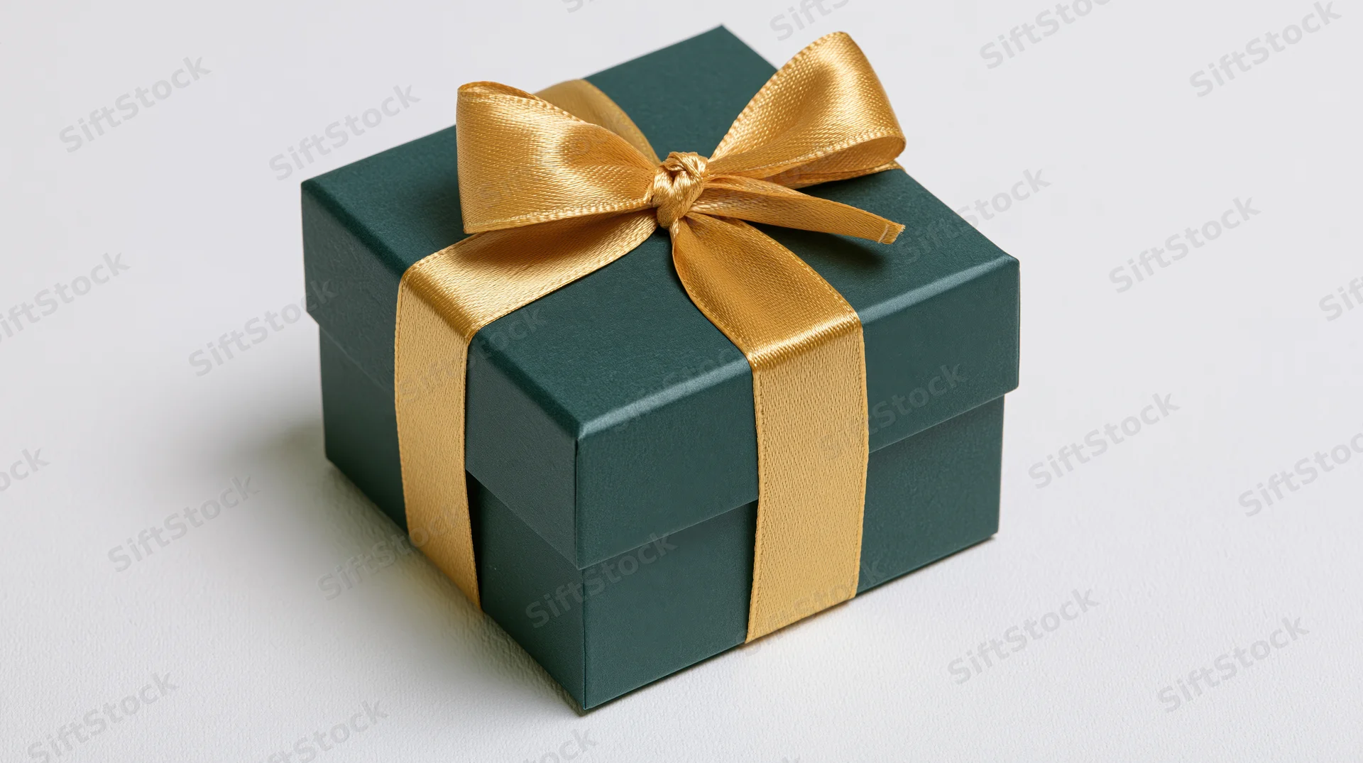 Teal gift box wrapped with gold satin ribbon on white background