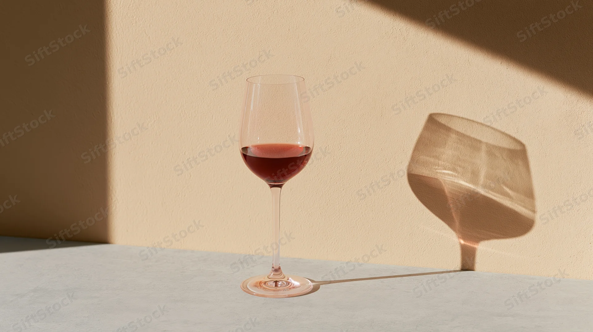 A stemmed wine glass half-filled with red wine on a table casting a shadow against a beige wall