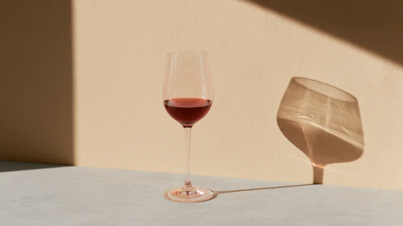 A stemmed wine glass half-filled with red wine on a table casting a shadow against a beige wall