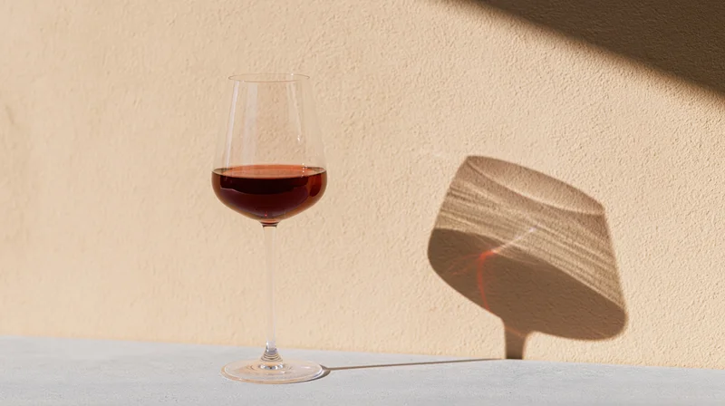 A stemmed wine glass half-filled with red wine on a table casting a shadow on a beige wall