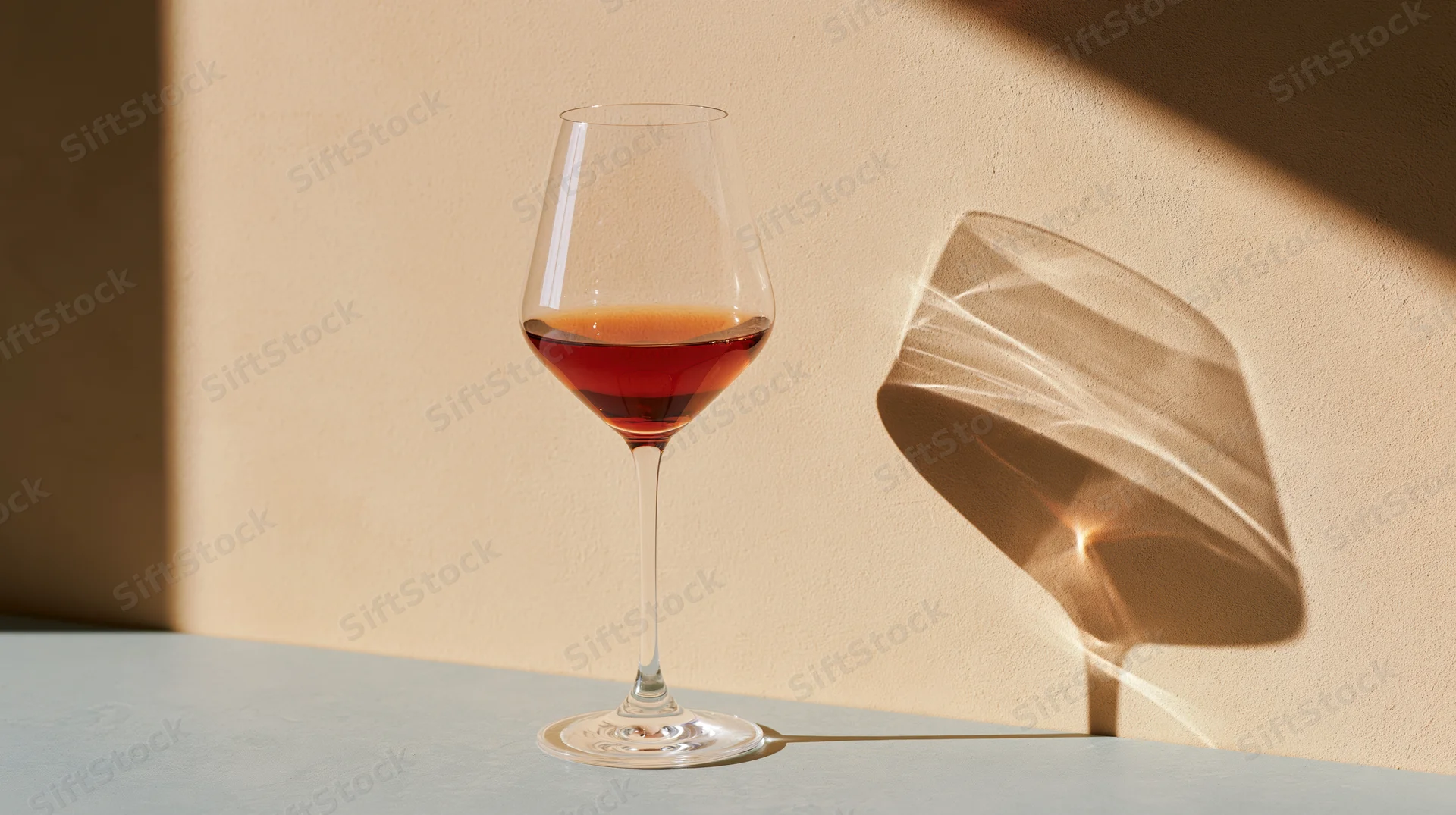 A wine glass half-filled with red wine on a table casting a shadow on a beige wall