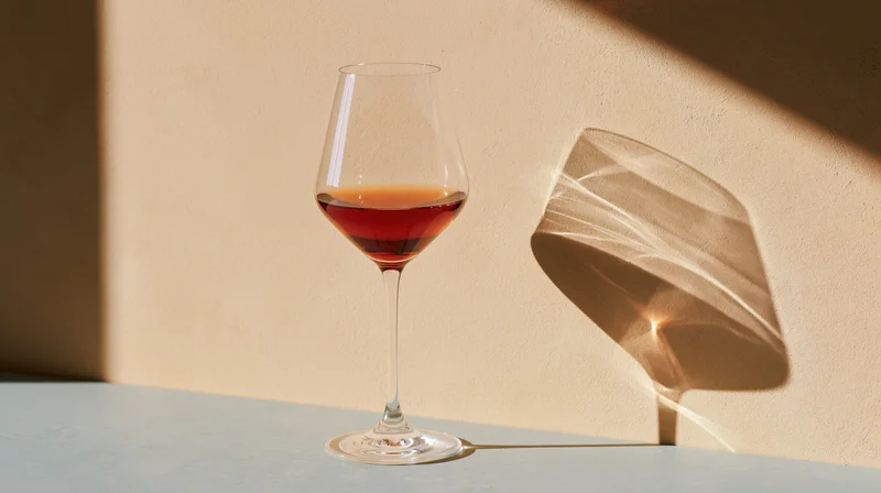 A wine glass half-filled with red wine on a table casting a shadow on a beige wall