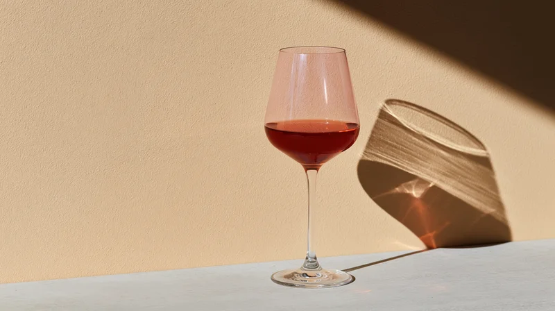 A stemmed wine glass half-filled with red wine on a table under sunlight casting a shadow
