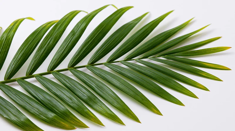Tropical palm frond laid flat on white background