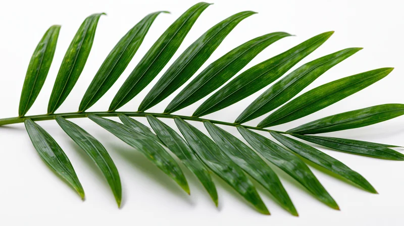 A single tropical palm frond with narrow leaflets arranged symmetrically on a white background