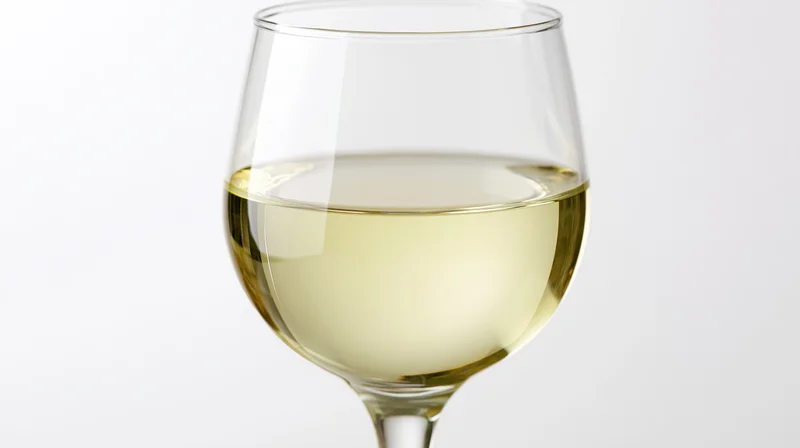 A tulip-shaped wine glass half-filled with pale straw-colored white wine on a white background