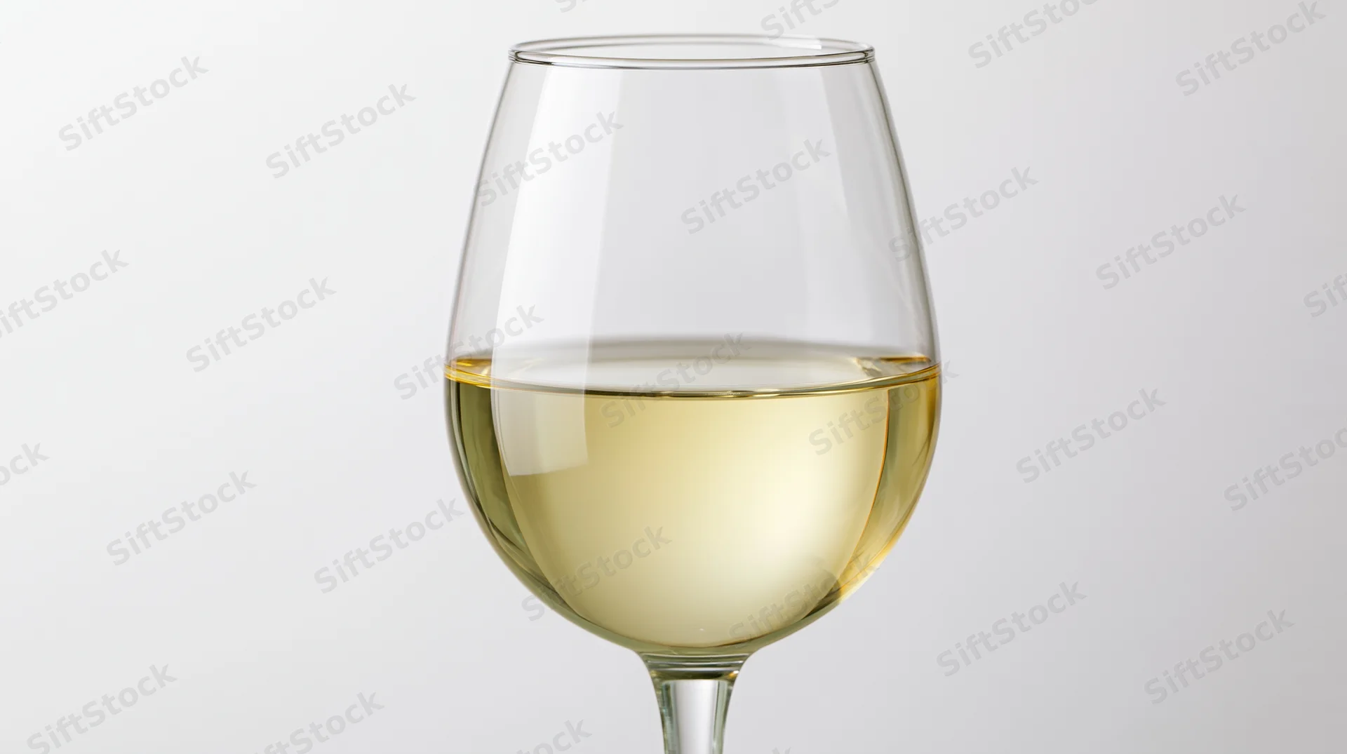 A tulip-shaped wine glass half-filled with pale straw-colored white wine against a white background