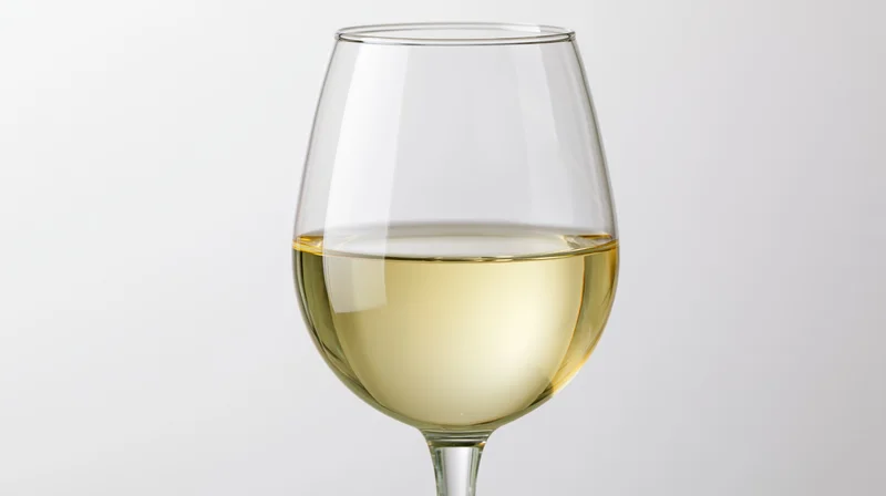 A tulip-shaped wine glass half-filled with pale straw-colored white wine against a white background