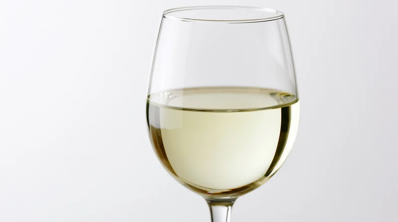 A tulip-shaped wine glass half-filled with pale straw-colored white wine on a white background
