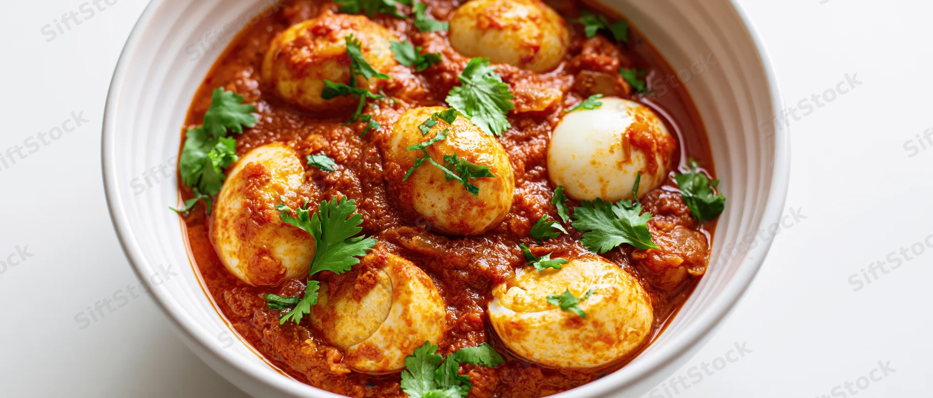Indian egg curry with halved boiled eggs in tomato sauce served in a white ceramic bowl