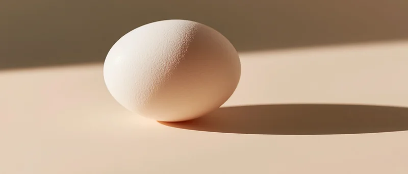 A single white chicken egg resting on a flat beige surface under soft directional light