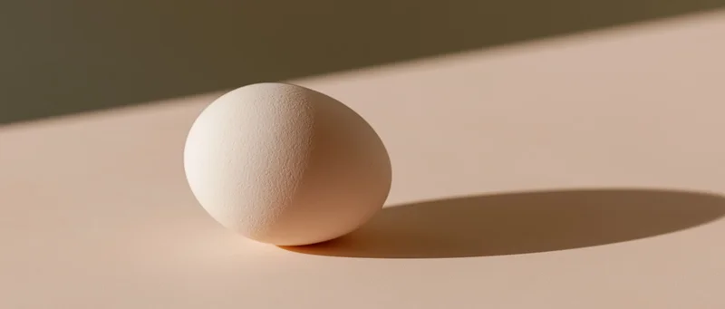 A single white chicken egg resting on a flat beige surface under soft directional light