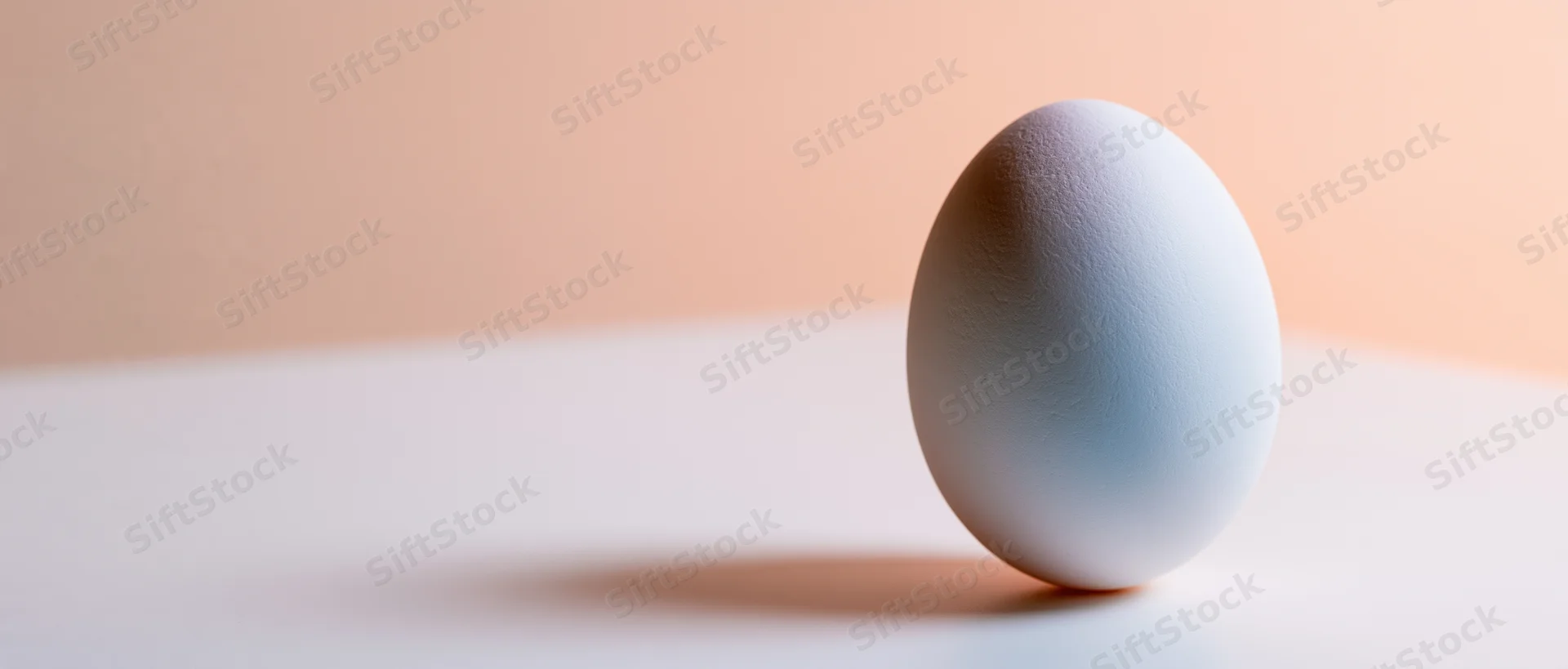 Single white chicken egg standing upright on a clean white surface with soft shadow and pastel peach background