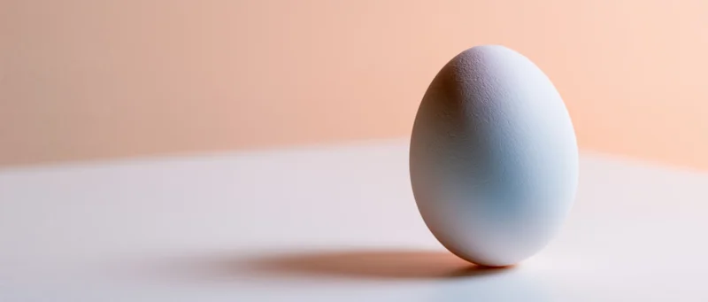 Single white chicken egg standing upright on a clean white surface with soft shadow and pastel peach background