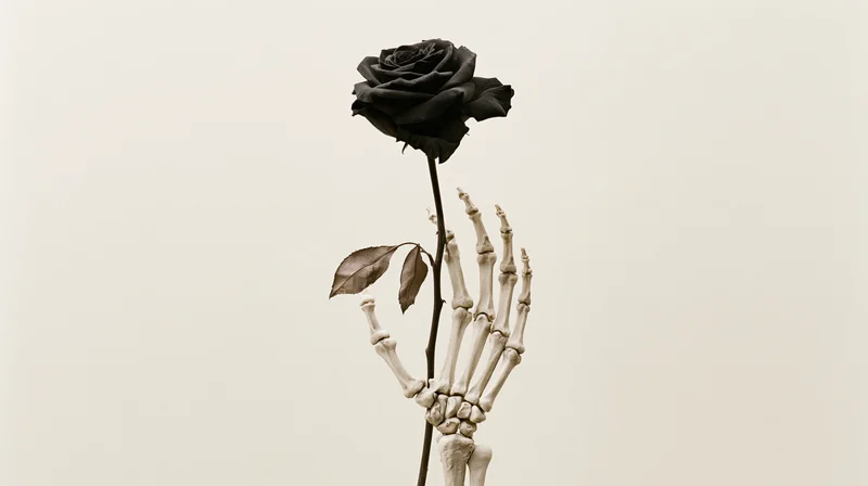 Skeletal hand holding a black rose upright against a plain white background