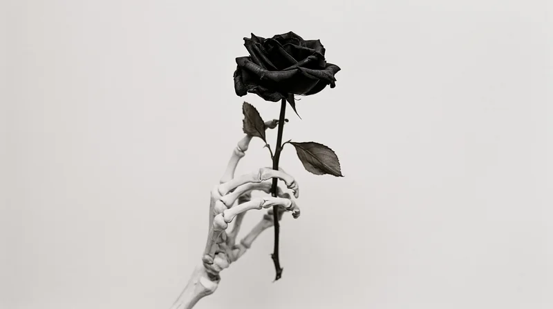 Skeletal hand holding a black rose upright against white background