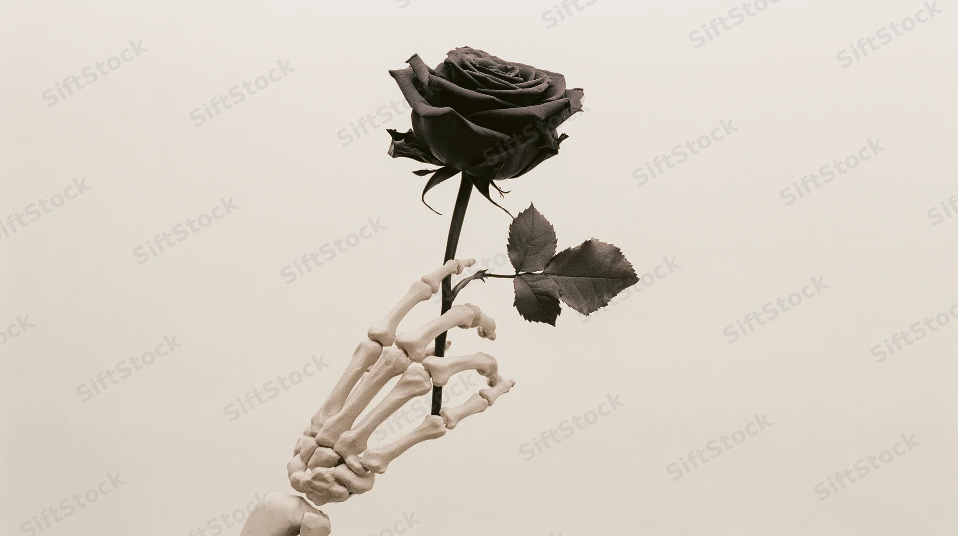 Skeletal hand holding a dark rose upright against a plain white background