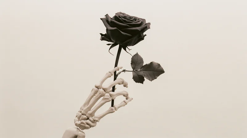 Skeletal hand holding a dark rose upright against a plain white background