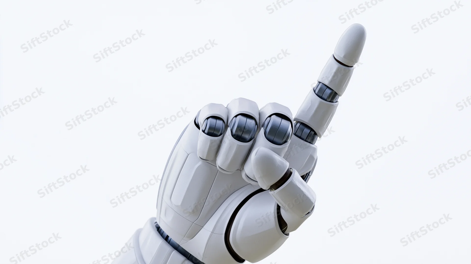 Robotic hand with index finger pointing upward against white background