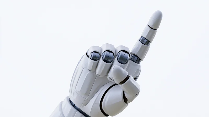 Robotic hand with index finger pointing upward against white background