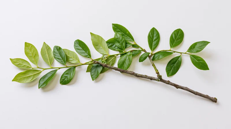 A slender woody branch with fresh green oval leaves arranged on a white surface