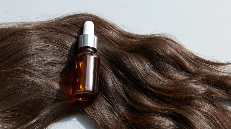Amber dropper bottle resting on wavy brown hair against white background