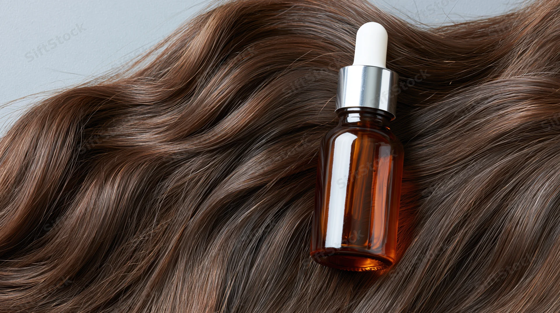 Amber dropper bottle resting on wavy brown hair, close-up view