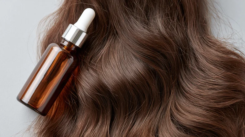 Wavy brown hair with amber glass dropper bottle resting on it