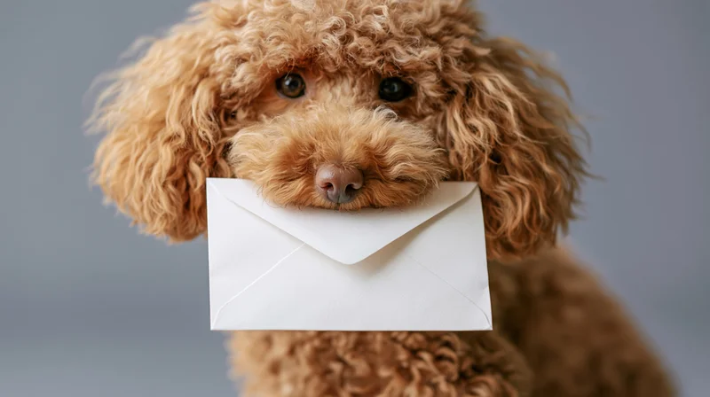 Apricot poodle holding white envelope in mouth against neutral background