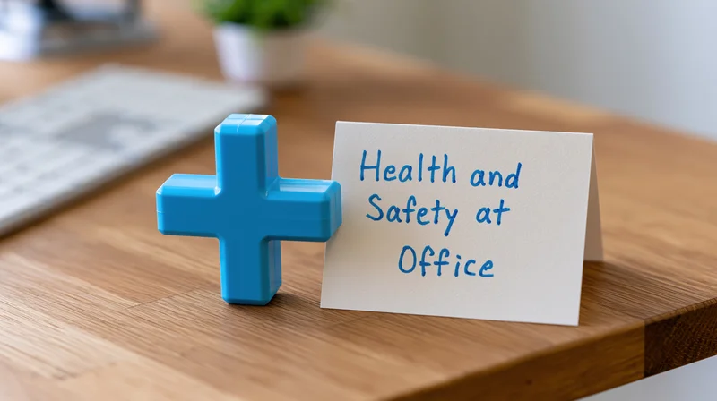 Blue plastic medical cross figurine holding a handwritten note reading health and safety at office on wooden desk