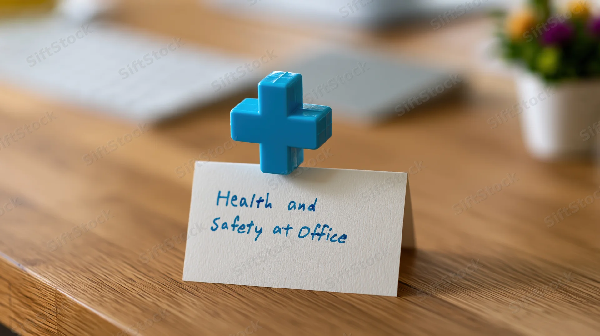 Blue plastic medical cross figurine holding a handwritten note reading health and safety at office on wooden desk surface