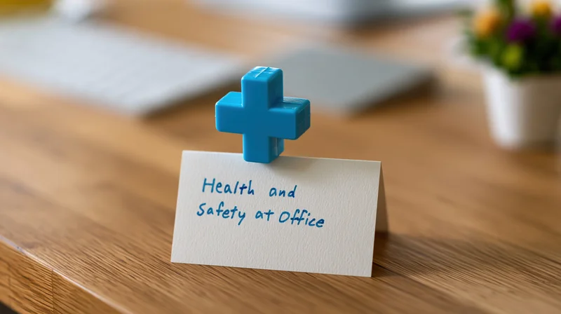Blue plastic medical cross figurine holding a handwritten note reading health and safety at office on wooden desk surface