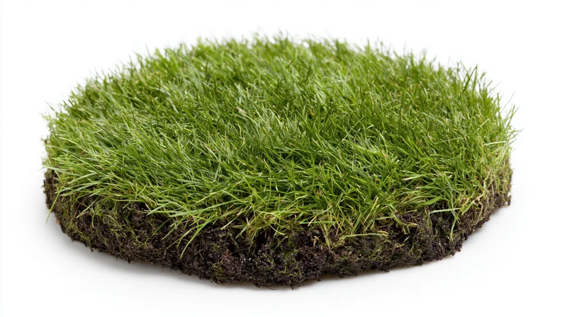 Circular patch of green grass with soil base isolated on white background
