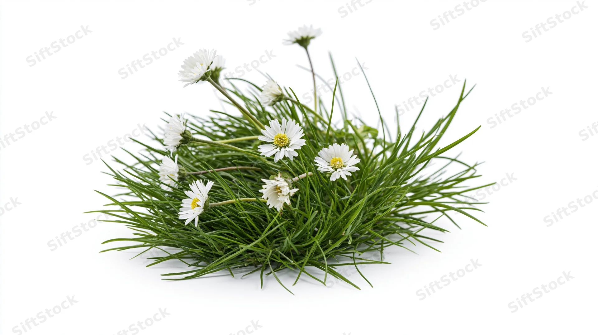 A clump of green grass with white daisy wildflowers isolated on white